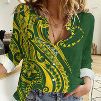 Kia Orana Cook Islands Women Casual Shirt Plumeria Tropical Waves LT7 Female Yellow Green - Polynesian Pride