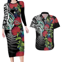Meri Kirihimete New Zealand Couples Matching Long Sleeve Bodycon Dress and Hawaiian Shirt Tui on Pohutukawa LT7 Black - Polynesian Pride