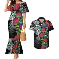 Meri Kirihimete New Zealand Couples Matching Mermaid Dress and Hawaiian Shirt Tui on Pohutukawa LT7 Black - Polynesian Pride