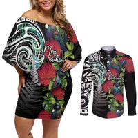 Meri Kirihimete New Zealand Couples Matching Off Shoulder Short Dress and Long Sleeve Button Shirt Tui on Pohutukawa LT7 Black - Polynesian Pride