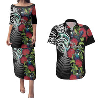 Meri Kirihimete New Zealand Couples Matching Puletasi and Hawaiian Shirt Tui on Pohutukawa LT7 Black - Polynesian Pride