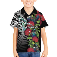 Meri Kirihimete New Zealand Family Matching Puletasi and Hawaiian Shirt Tui on Pohutukawa LT7 Son's Shirt Black - Polynesian Pride