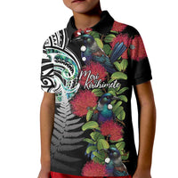 Meri Kirihimete New Zealand Kid Polo Shirt Tui on Pohutukawa LT7 Kid Black - Polynesian Pride