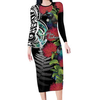Meri Kirihimete New Zealand Long Sleeve Bodycon Dress Tui on Pohutukawa LT7 Long Dress Black - Polynesian Pride