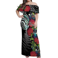 Meri Kirihimete New Zealand Off Shoulder Maxi Dress Tui on Pohutukawa LT7 Women Black - Polynesian Pride