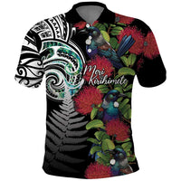Meri Kirihimete New Zealand Polo Shirt Tui on Pohutukawa LT7 Black - Polynesian Pride