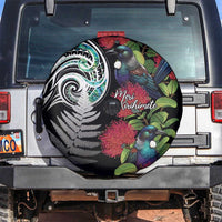Meri Kirihimete New Zealand Spare Tire Cover Tui on Pohutukawa LT7 Black - Polynesian Pride