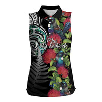 Meri Kirihimete New Zealand Women Sleeveless Polo Shirt Tui on Pohutukawa LT7 Female Black - Polynesian Pride