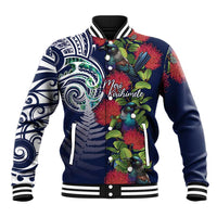 Meri Kirihimete New Zealand Baseball Jacket Tui on Pohutukawa - Blue Ver