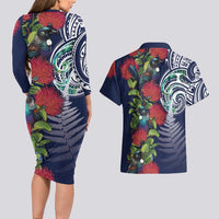 Meri Kirihimete New Zealand Couples Matching Long Sleeve Bodycon Dress and Hawaiian Shirt Tui on Pohutukawa - Blue Ver LT7 - Polynesian Pride