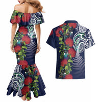 Meri Kirihimete New Zealand Couples Matching Mermaid Dress and Hawaiian Shirt Tui on Pohutukawa - Blue Ver LT7 - Polynesian Pride