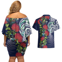 Meri Kirihimete New Zealand Couples Matching Off Shoulder Short Dress and Hawaiian Shirt Tui on Pohutukawa - Blue Ver LT7 - Polynesian Pride