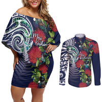 Meri Kirihimete New Zealand Couples Matching Off Shoulder Short Dress and Long Sleeve Button Shirt Tui on Pohutukawa - Blue Ver LT7 Blue - Polynesian Pride