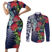 Meri Kirihimete New Zealand Couples Matching Short Sleeve Bodycon Dress and Long Sleeve Button Shirt Tui on Pohutukawa - Blue Ver LT7 Blue - Polynesian Pride