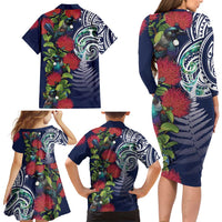 Meri Kirihimete New Zealand Family Matching Long Sleeve Bodycon Dress and Hawaiian Shirt Tui on Pohutukawa - Blue Ver LT7 - Polynesian Pride