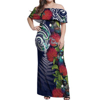 Meri Kirihimete New Zealand Off Shoulder Maxi Dress Tui on Pohutukawa - Blue Ver LT7 Women Blue - Polynesian Pride