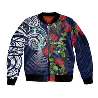 Meri Kirihimete New Zealand Sleeve Zip Bomber Jacket Tui on Pohutukawa - Blue Ver LT7 Unisex Blue - Polynesian Pride