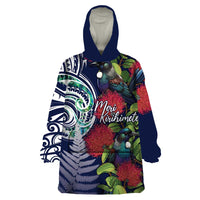 Meri Kirihimete New Zealand Wearable Blanket Hoodie Tui on Pohutukawa - Blue Ver LT7 One Size Blue - Polynesian Pride