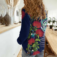 Meri Kirihimete New Zealand Women Casual Shirt Tui on Pohutukawa - Blue Ver