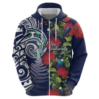 Meri Kirihimete New Zealand Zip Hoodie Tui on Pohutukawa - Blue Ver LT7 - Polynesian Pride
