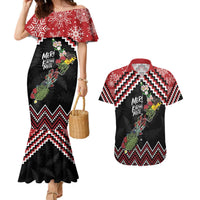 New Zealand Christmas Taniko Poutama Couples Matching Mermaid Dress and Hawaiian Shirt Flora Map with Birds LT7 Red - Polynesian Pride