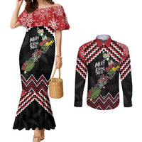 New Zealand Christmas Taniko Poutama Couples Matching Mermaid Dress and Long Sleeve Button Shirt Flora Map with Birds LT7 Red - Polynesian Pride