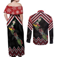 New Zealand Christmas Taniko Poutama Couples Matching Off Shoulder Maxi Dress and Long Sleeve Button Shirt Flora Map with Birds LT7 - Polynesian Pride