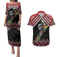 New Zealand Christmas Taniko Poutama Couples Matching Puletasi and Hawaiian Shirt Flora Map with Birds LT7 Red - Polynesian Pride