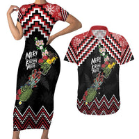 New Zealand Christmas Taniko Poutama Couples Matching Short Sleeve Bodycon Dress and Hawaiian Shirt Flora Map with Birds LT7 Red - Polynesian Pride