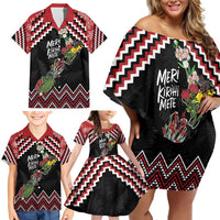 New Zealand Christmas Taniko Poutama Family Matching Off Shoulder Short Dress and Hawaiian Shirt Flora Map with Birds LT7 - Polynesian Pride