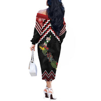 New Zealand Christmas Taniko Poutama Off The Shoulder Long Sleeve Dress Flora Map with Birds LT7 - Polynesian Pride