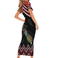 New Zealand Christmas Taniko Poutama Short Sleeve Bodycon Dress Flora Map with Birds LT7 - Polynesian Pride
