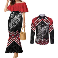 New Zealand Christmas Taniko Poutama Couples Matching Mermaid Dress and Long Sleeve Button Shirt Mountainscape Maori Fern LT7 Black - Polynesian Pride