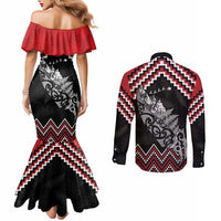 New Zealand Christmas Taniko Poutama Couples Matching Mermaid Dress and Long Sleeve Button Shirt Mountainscape Maori Fern LT7 - Polynesian Pride