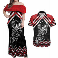 New Zealand Christmas Taniko Poutama Couples Matching Off Shoulder Maxi Dress and Hawaiian Shirt Mountainscape Maori Fern LT7 Black - Polynesian Pride