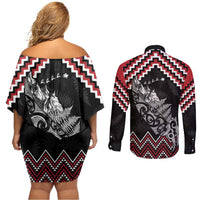 New Zealand Christmas Taniko Poutama Couples Matching Off Shoulder Short Dress and Long Sleeve Button Shirt Mountainscape Maori Fern LT7 - Polynesian Pride