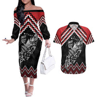 New Zealand Christmas Taniko Poutama Couples Matching Off The Shoulder Long Sleeve Dress and Hawaiian Shirt Mountainscape Maori Fern LT7 Black - Polynesian Pride