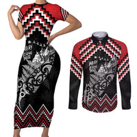 New Zealand Christmas Taniko Poutama Couples Matching Short Sleeve Bodycon Dress and Long Sleeve Button Shirt Mountainscape Maori Fern LT7 Black - Polynesian Pride