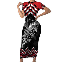 New Zealand Christmas Taniko Poutama Family Matching Short Sleeve Bodycon Dress and Hawaiian Shirt Mountainscape Maori Fern LT7 Mom's Dress Black - Polynesian Pride