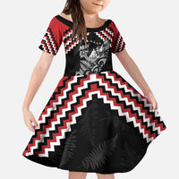 New Zealand Christmas Taniko Poutama Kid Short Sleeve Dress Mountainscape Maori Fern LT7 KID Black - Polynesian Pride
