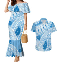 Bula Fiji Classic Masi Tapa Couples Matching Mermaid Dress and Hawaiian Shirt Turquoise LT7 Turquoise - Polynesian Pride