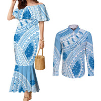 Bula Fiji Classic Masi Tapa Couples Matching Mermaid Dress and Long Sleeve Button Shirt Turquoise LT7 Turquoise - Polynesian Pride