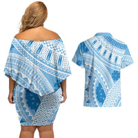 Bula Fiji Classic Masi Tapa Couples Matching Off Shoulder Short Dress and Hawaiian Shirt Turquoise LT7 - Polynesian Pride