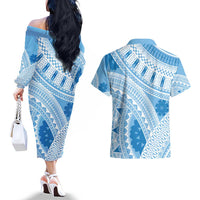Bula Fiji Classic Masi Tapa Couples Matching Off The Shoulder Long Sleeve Dress and Hawaiian Shirt Turquoise LT7 - Polynesian Pride