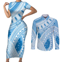 Bula Fiji Classic Masi Tapa Couples Matching Short Sleeve Bodycon Dress and Long Sleeve Button Shirt Turquoise LT7 Turquoise - Polynesian Pride