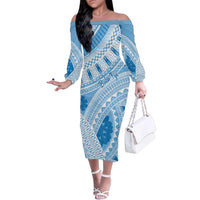 Bula Fiji Classic Masi Tapa Family Matching Off The Shoulder Long Sleeve Dress and Hawaiian Shirt Turquoise LT7 Mom's Dress Turquoise - Polynesian Pride
