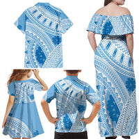 Bula Fiji Classic Masi Tapa Family Matching Off Shoulder Maxi Dress and Hawaiian Shirt Turquoise LT7 - Polynesian Pride