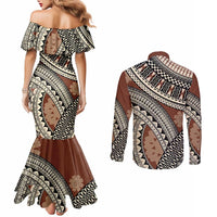 Bula Fiji Classic Masi Tapa Couples Matching Mermaid Dress and Long Sleeve Button Shirt Vintage Brown LT7 - Polynesian Pride