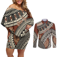 Bula Fiji Classic Masi Tapa Couples Matching Off Shoulder Short Dress and Long Sleeve Button Shirt Vintage Brown LT7 Brown - Polynesian Pride