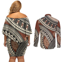 Bula Fiji Classic Masi Tapa Couples Matching Off Shoulder Short Dress and Long Sleeve Button Shirt Vintage Brown LT7 - Polynesian Pride